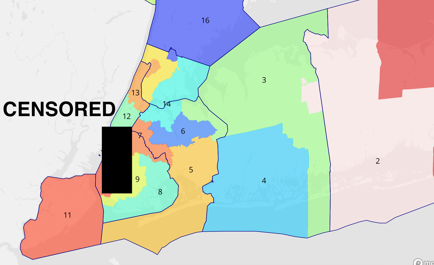 An image of the new redistricting with the "offensive" district blacked out