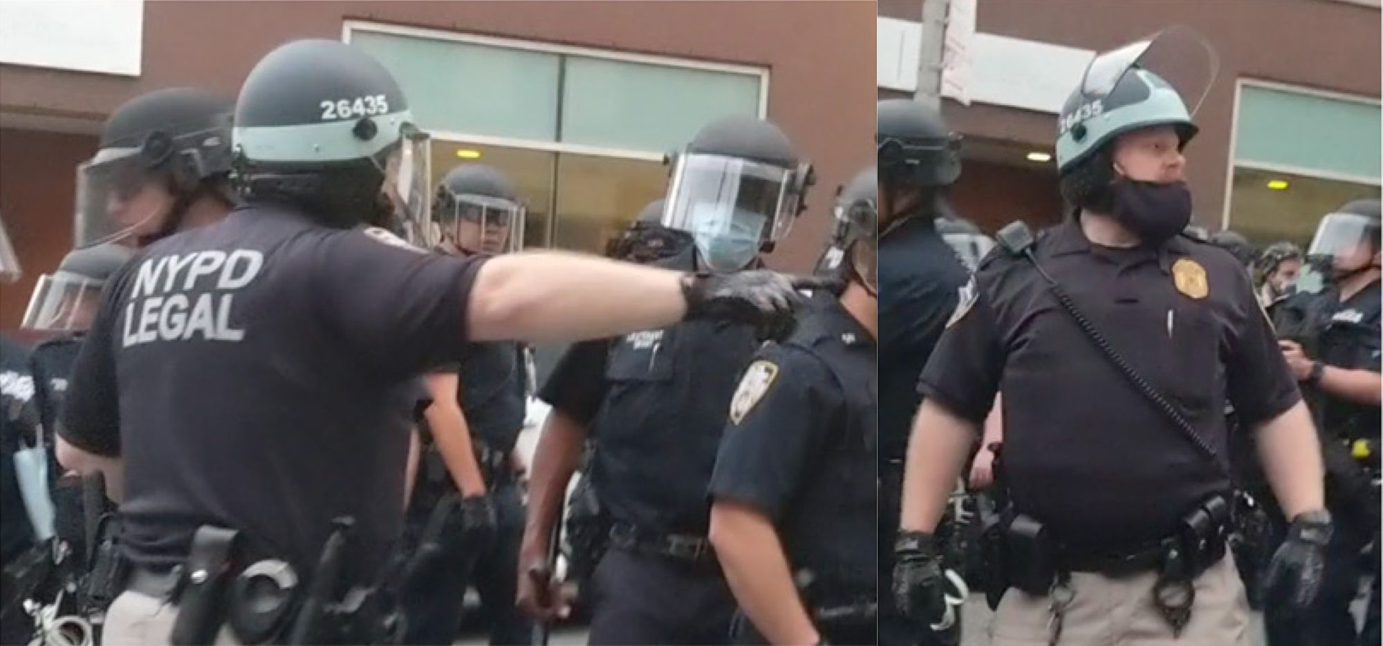 Two pictures of a burly police officer in riot helmet and navy polo shirt that reads "NYPD Legal" on the back.