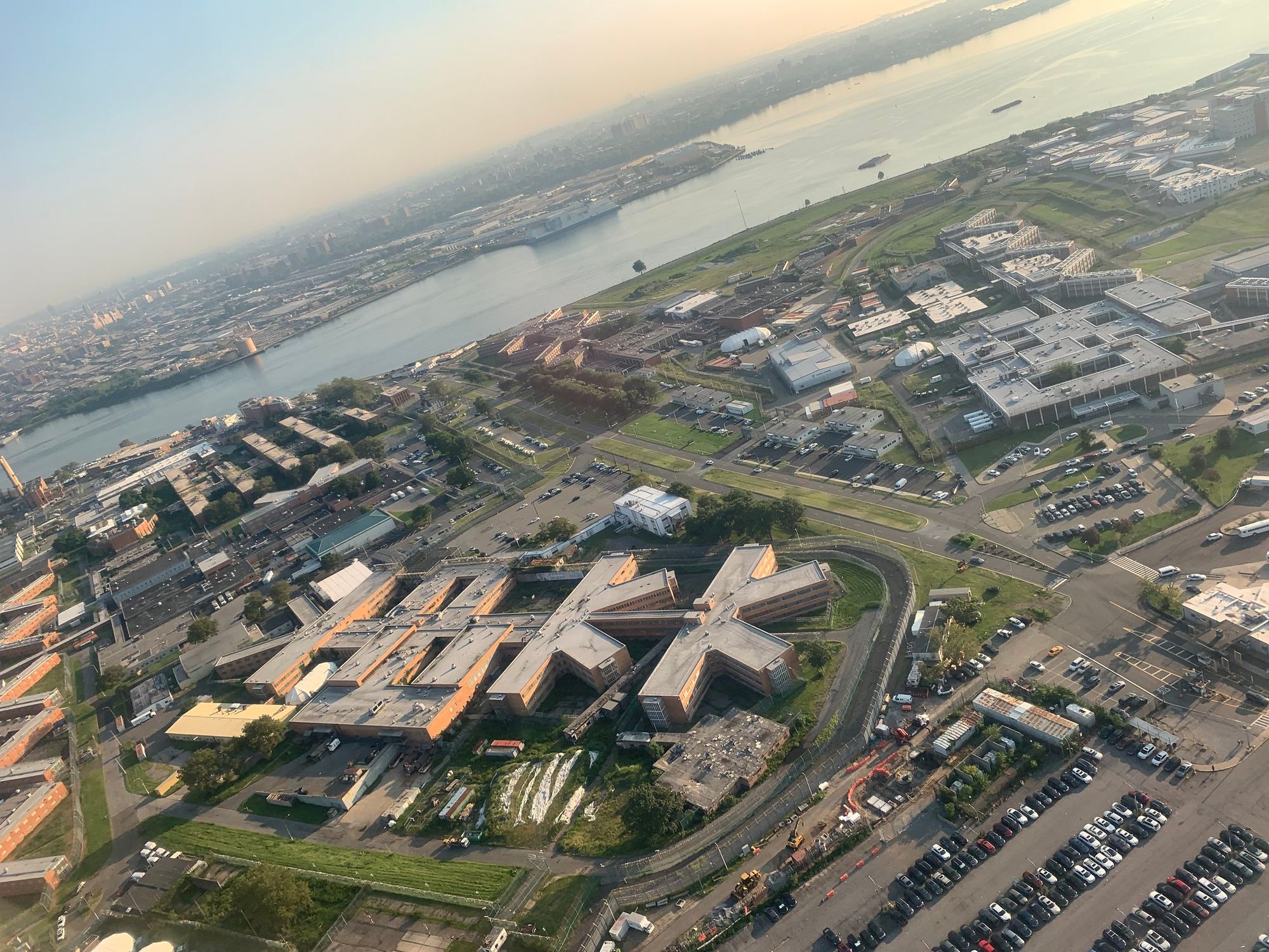 An askew aireal view of Rikers Island