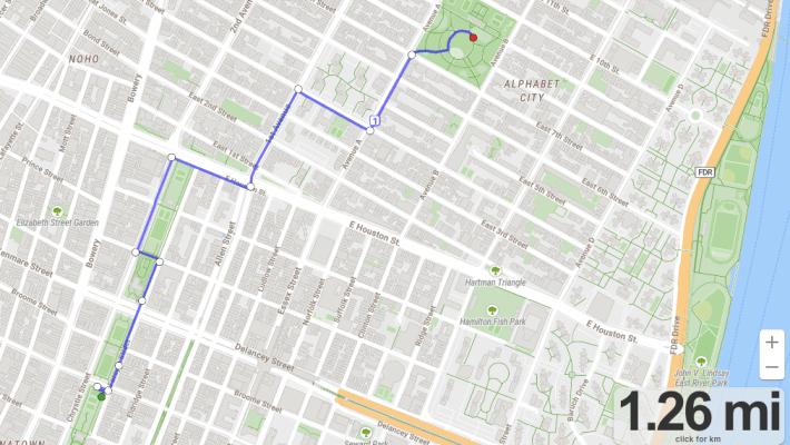 A map of Stiva's 1.26-mile journey.