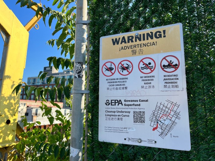 A "No Fishing" sign put up by the EPA near the Gowanus Canal.