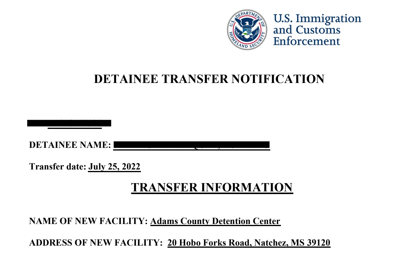 A screenshot of an ICE transfer order.