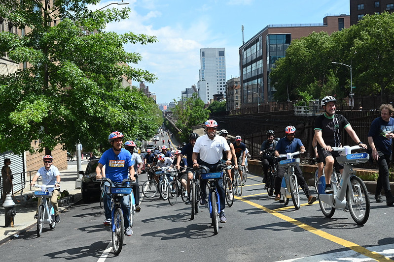 DOT Commissioner Ydanis Rodriguez and Mayor Eric Adams join dozens of other cyclists on a beautiful summer day to ride at Summer Streets.