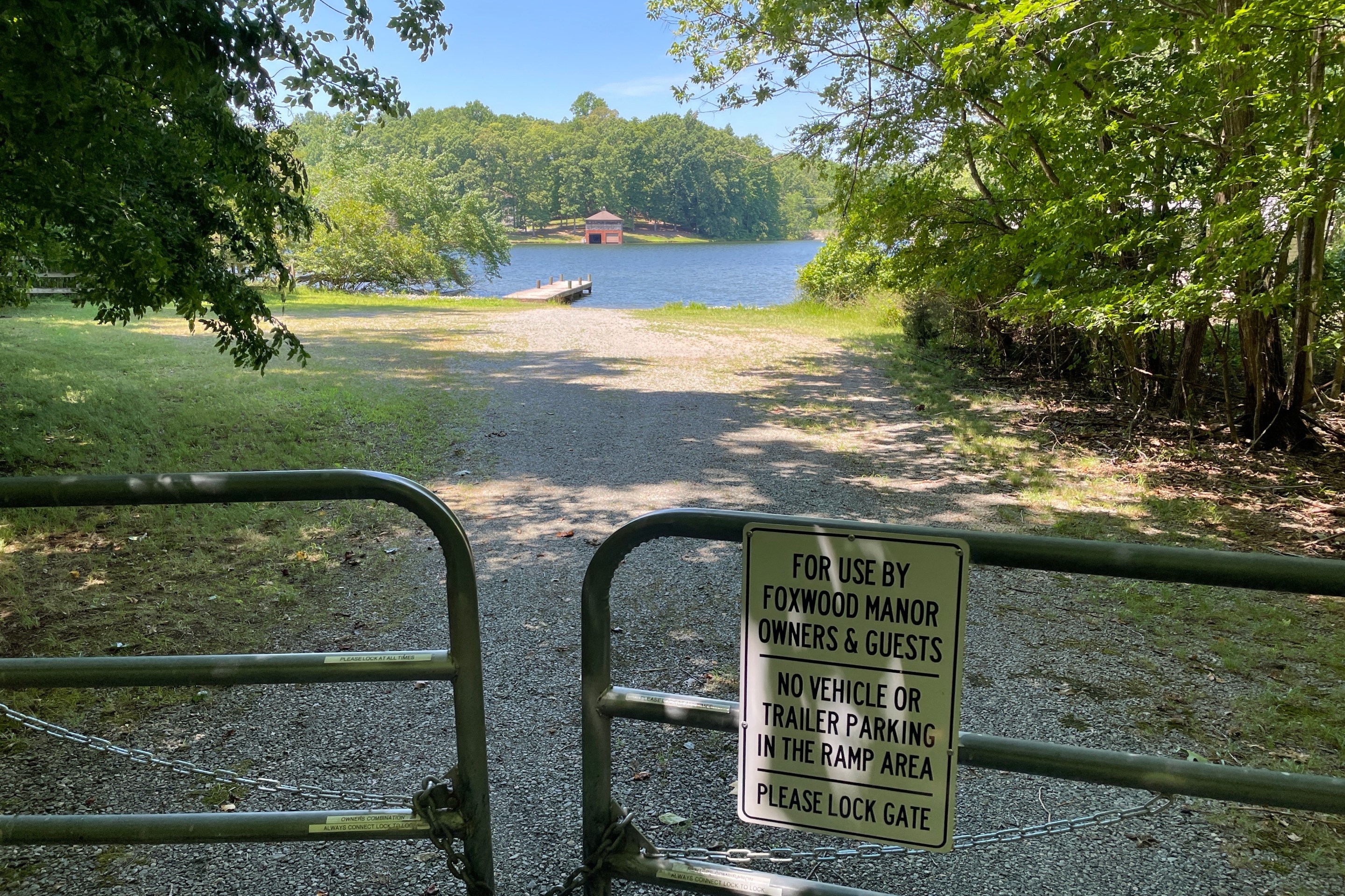 A sign warning away people from a private boat launch at Lake Anna, Virginia, where Governor Kathy Hochul owns a home.