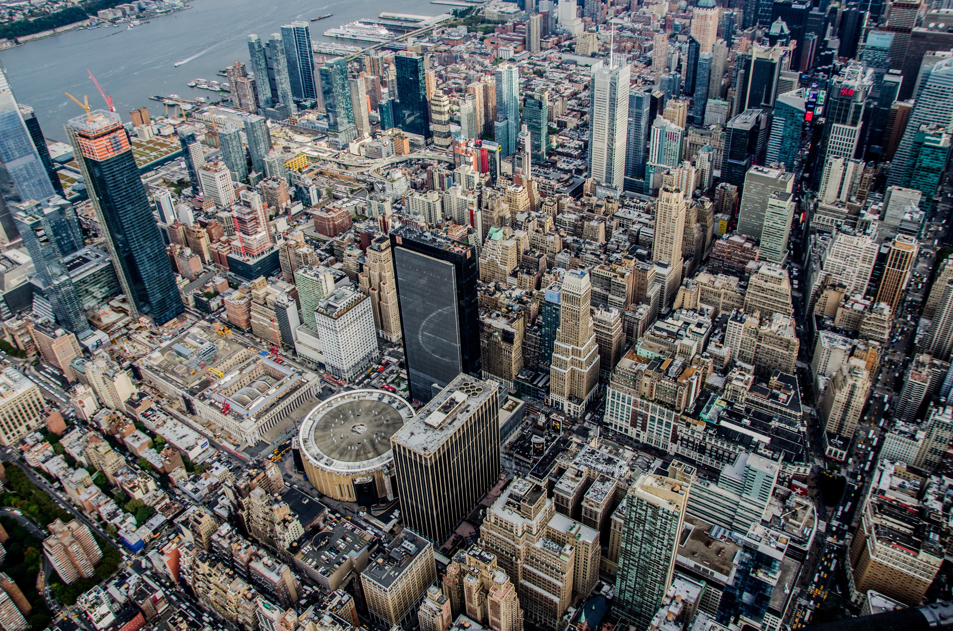 An aerial view of Madison Square Garden and Midtown Manhattan