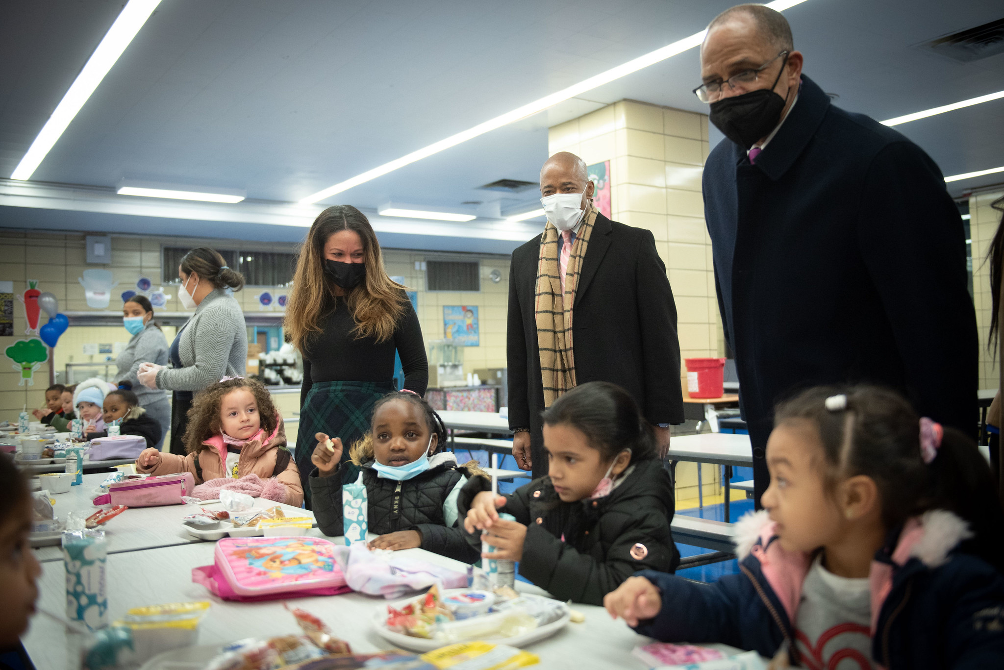 Mayor Eric Adams visits Concourse Village Elementary School in the Bronx with Schools Chancellor David Banks and local elected leaders as they greet students and parents who are returning from holiday break on Monday, January 3, 2022.