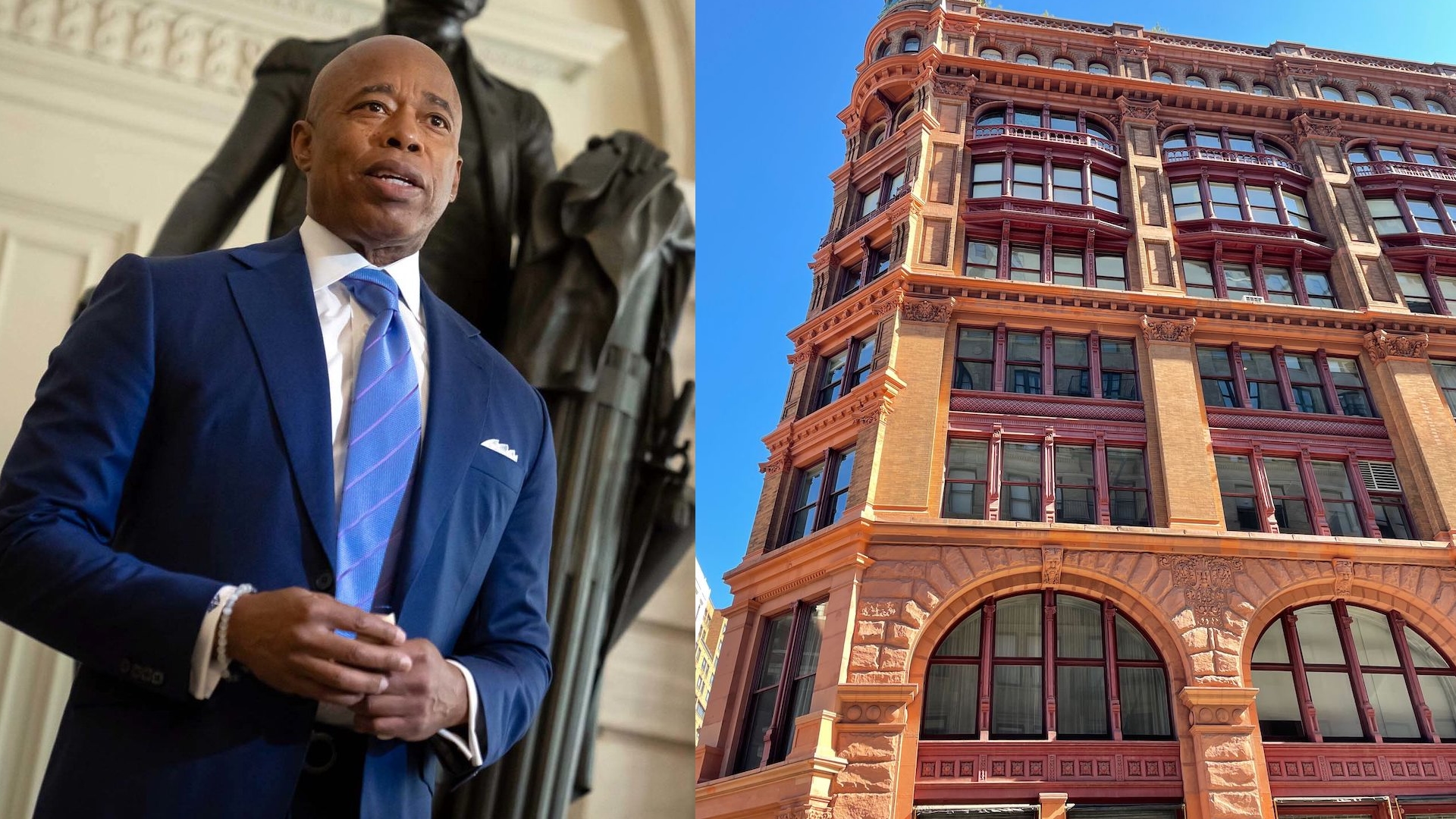 Two images: on the left, Mayor Eric Adams wears a suit and speaks to a crowd. On the right, an exterior of 644 Broadway, where the owner of Zero Bond and his wife recently purchased an apartment.