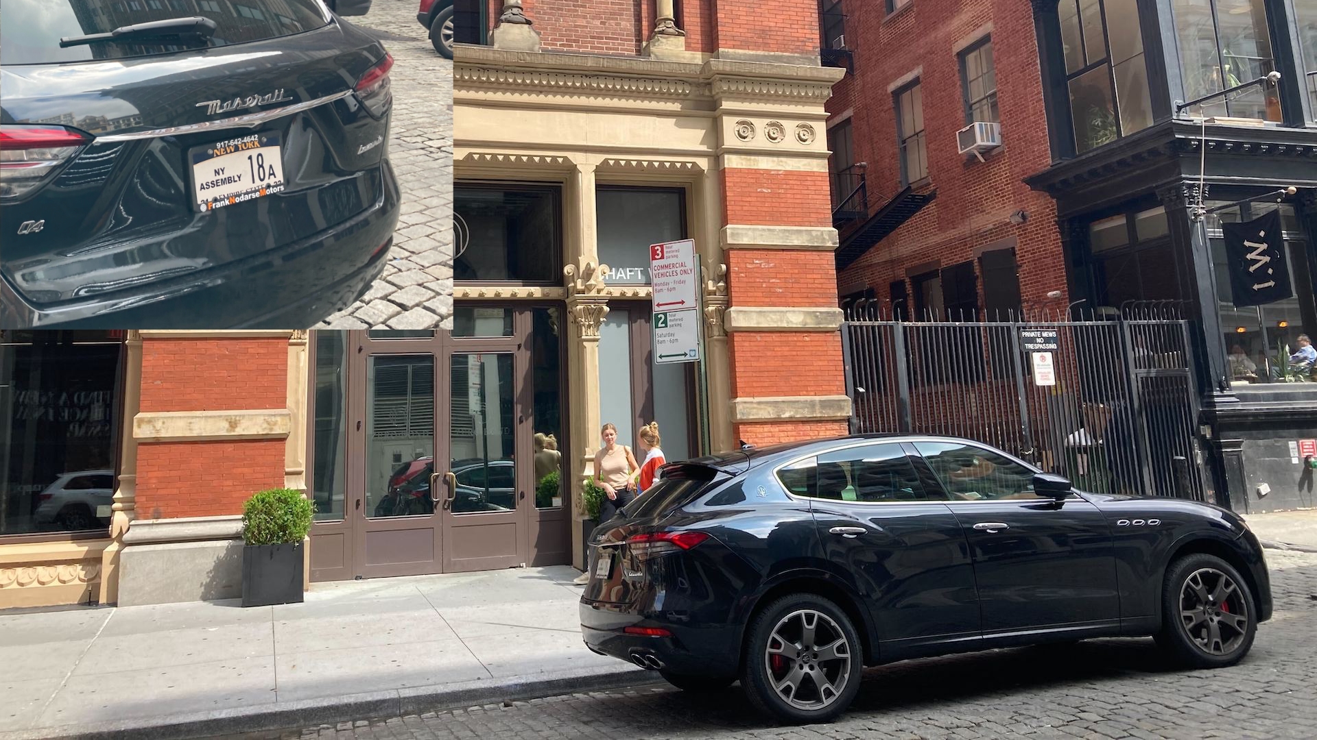 A black Maserati bearing a special license plate is parked outside Zero Bond.