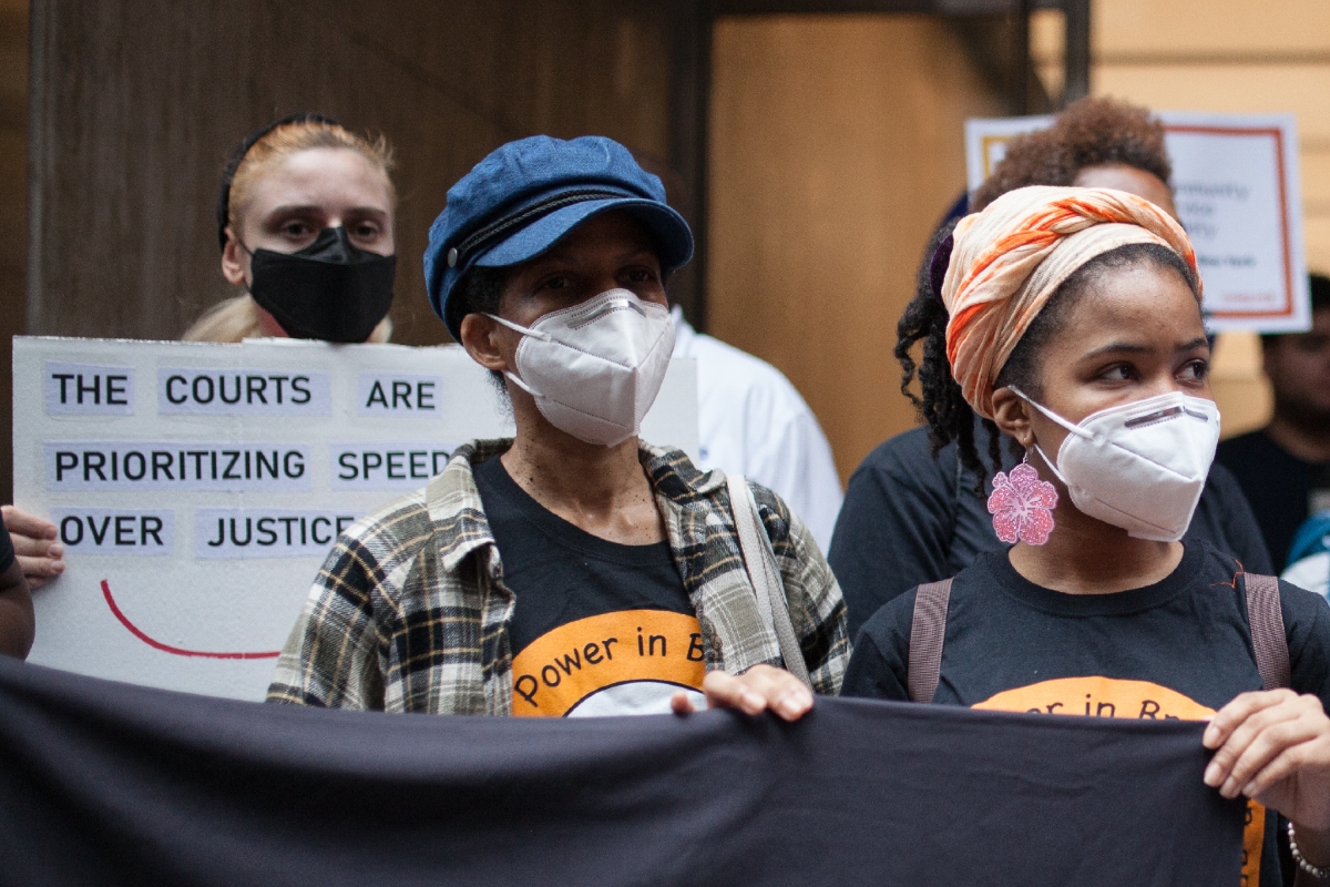 Housing organizers protesting outside of the Office of Court Administration in August 2022.