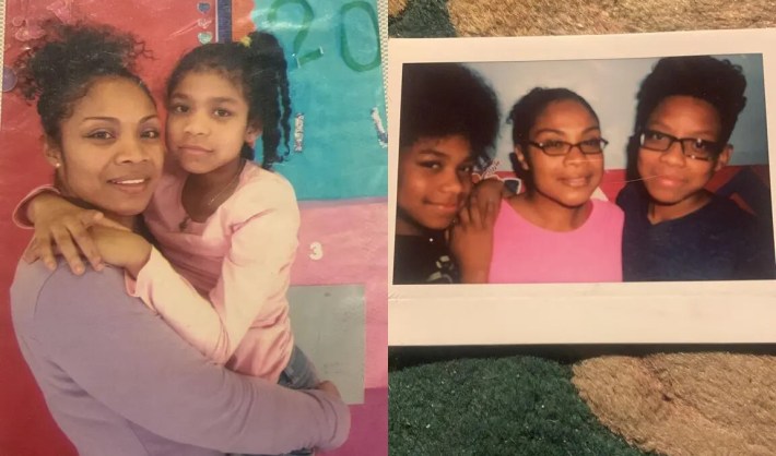 A composition of two photos of Assia Serrano, with her son and daughter on visits during her incarceration.