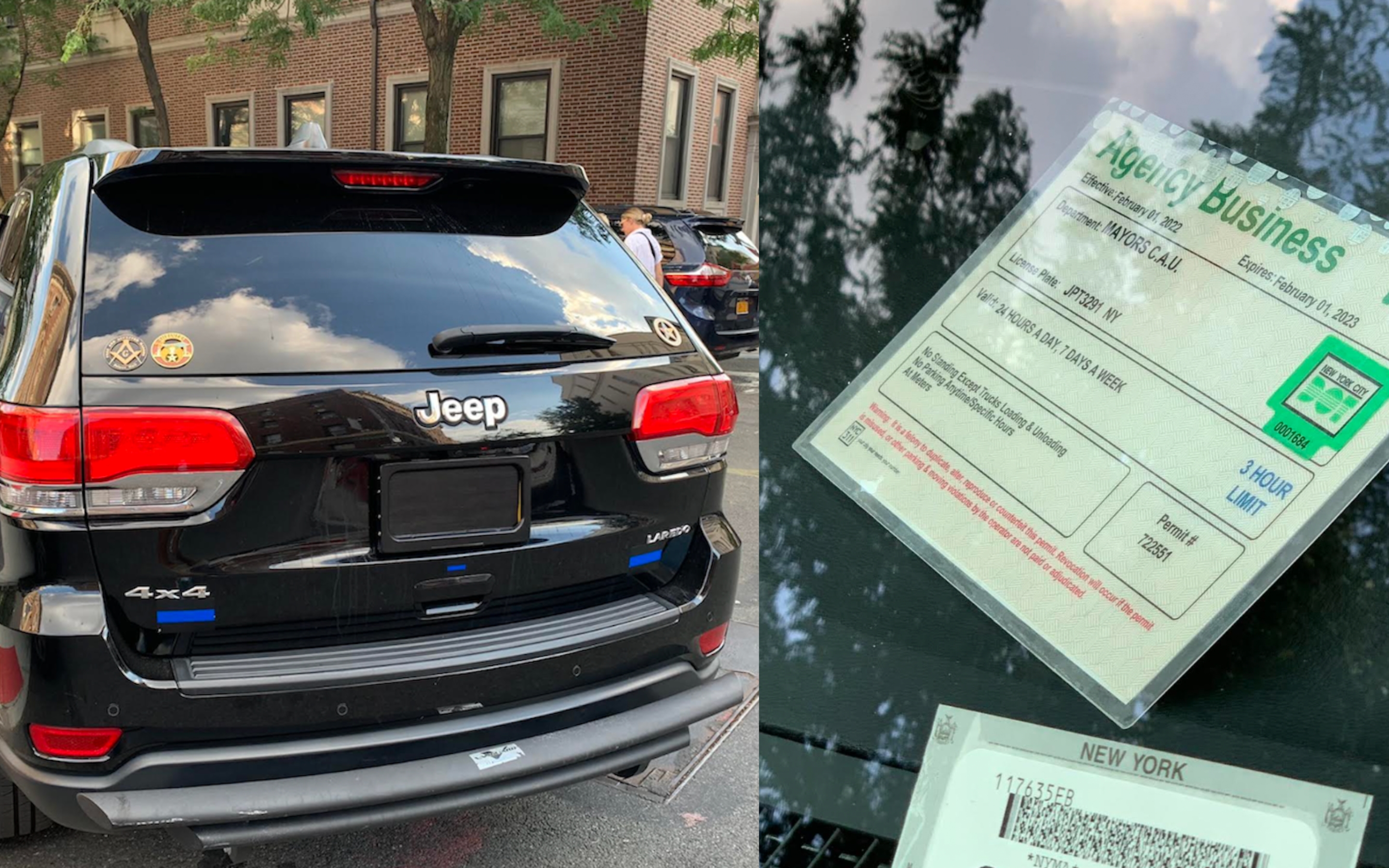 A diptych showing the black Jeep with the illegal license plate cover, and the placard showing the Mayor's Community Affairs Unit placard.