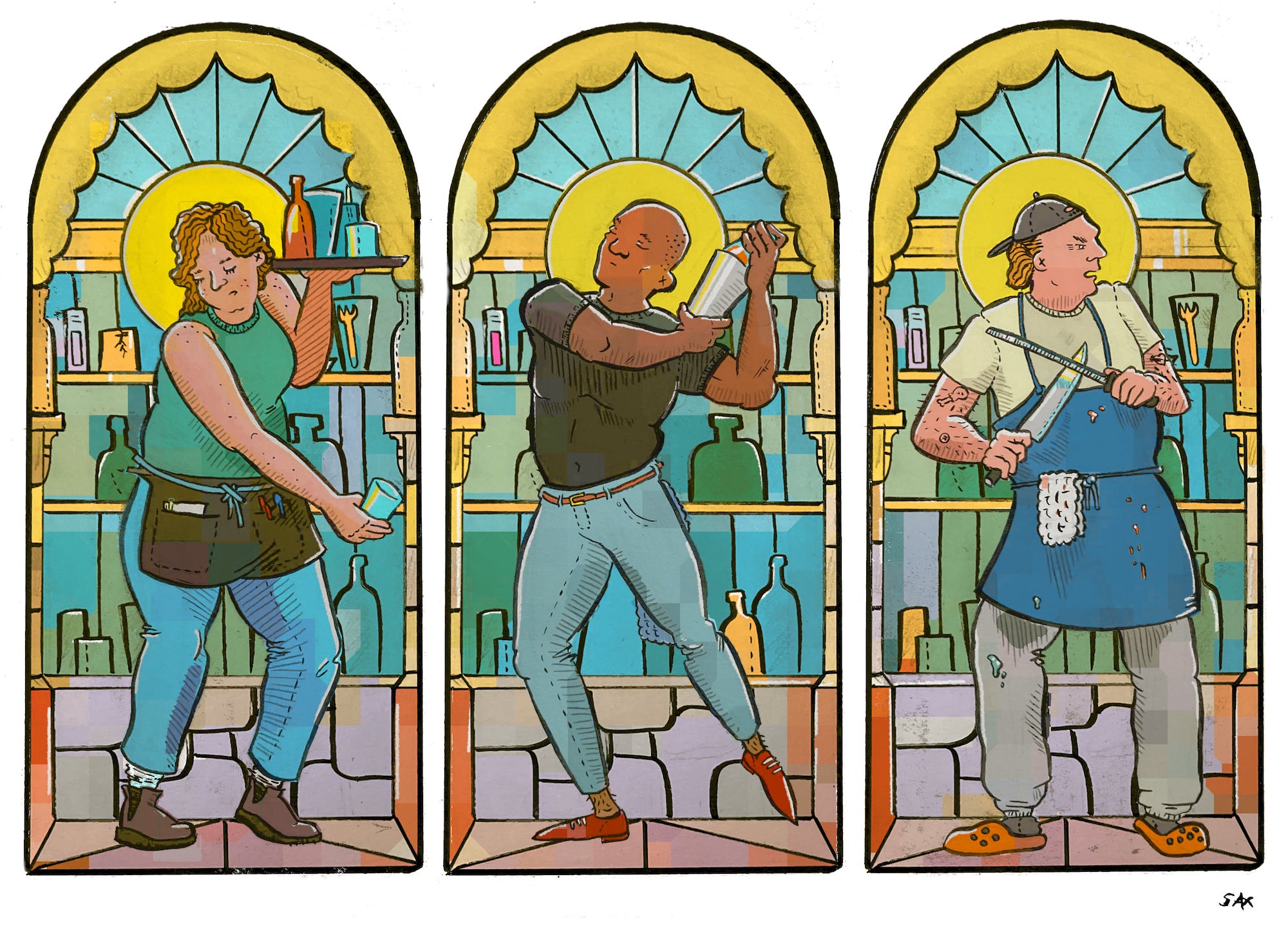 An illustration of three restaurant workers as saints immortalized in stained glass.