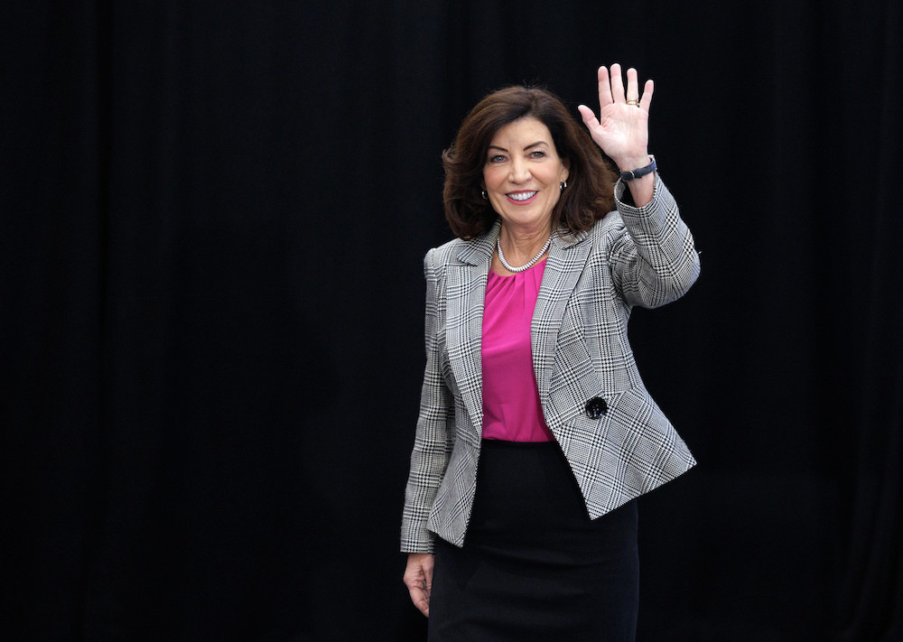 Governor Kathy Hochul waves and makes a Downtown Revitalization announcement in Rochester. (Mike Groll/Office of Governor Kathy Hochul)