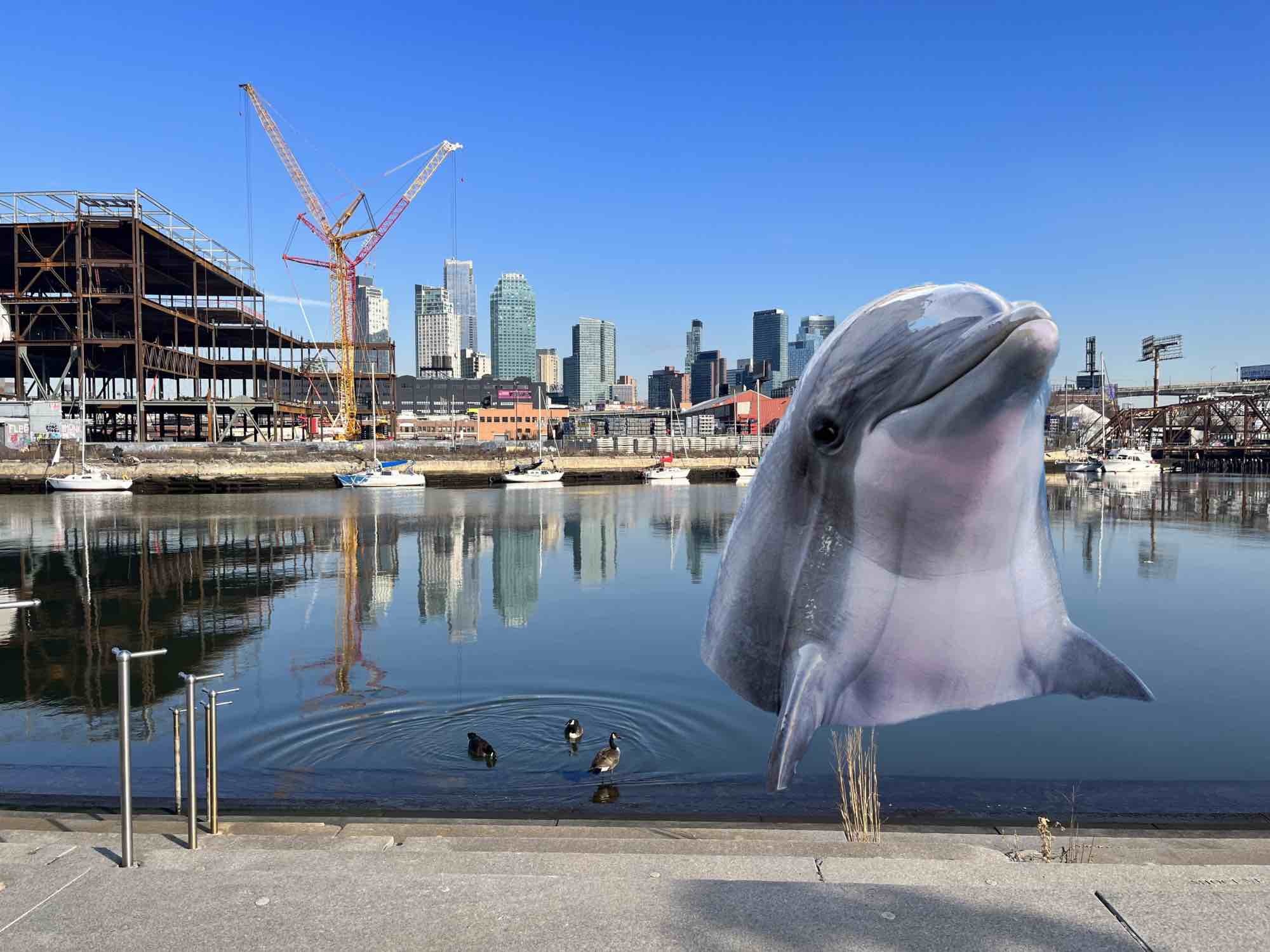 A dolphin's head superimposed over a photo of Newtown Creek, on a sunny day.