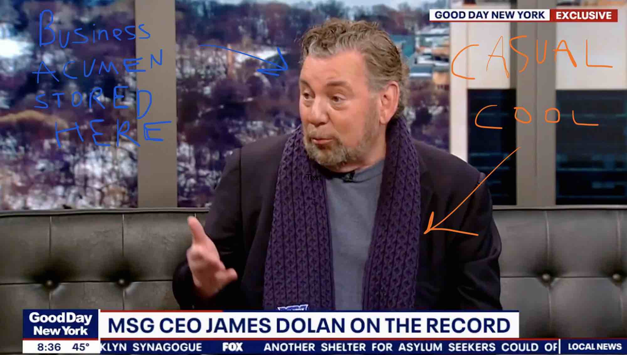 A photo illustration of James Dolan talking on FOX5 with annotations reading "Business acumen here" pointing to his head, and "cool casual" pointing to his NY Rangers scarf.