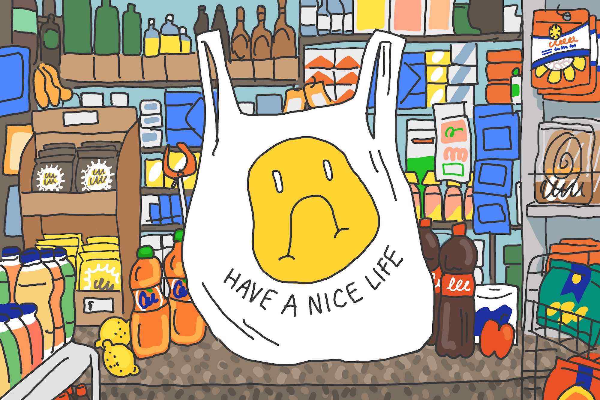 A colorful illustration of a bodega counter. A bag sits on the counter that has the classic "have a nice day" smiley face on it, but instead it's a sad face, with the words "have a nice life" below it.