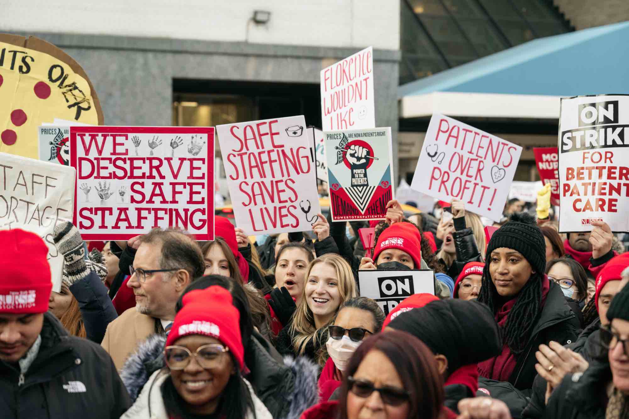 A crowd of nurses on the picket lines.