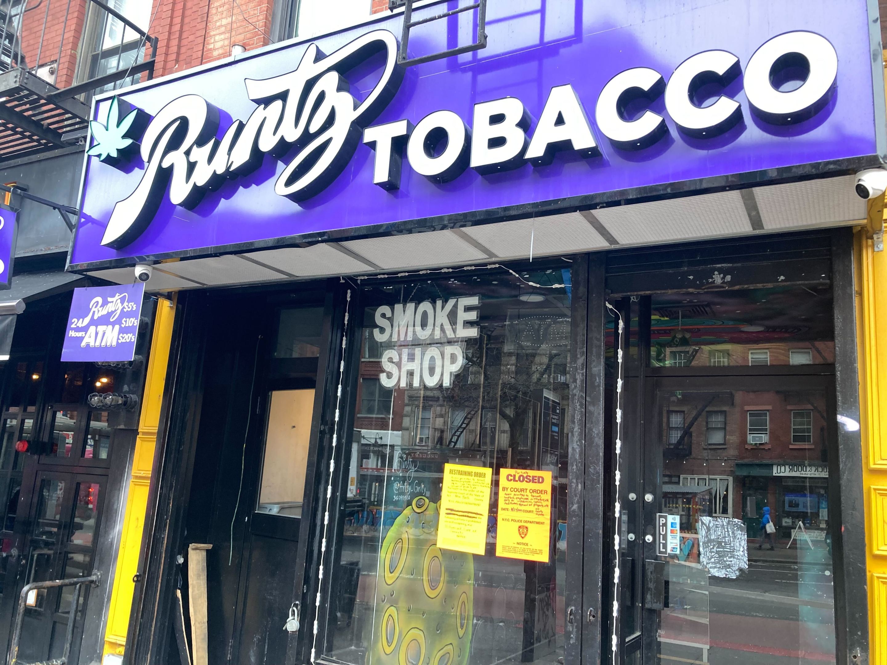 The dark storefront of Runtz Smoke Shop, a business in New York City shut down by the NYPD for selling unlicensed cannabis.