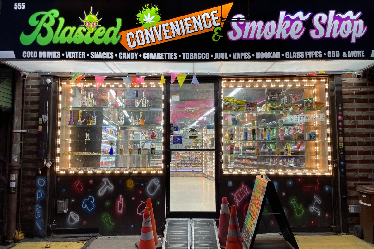 A weed bodega storefront that reads, "Blasted Convenience Smoke Shop"