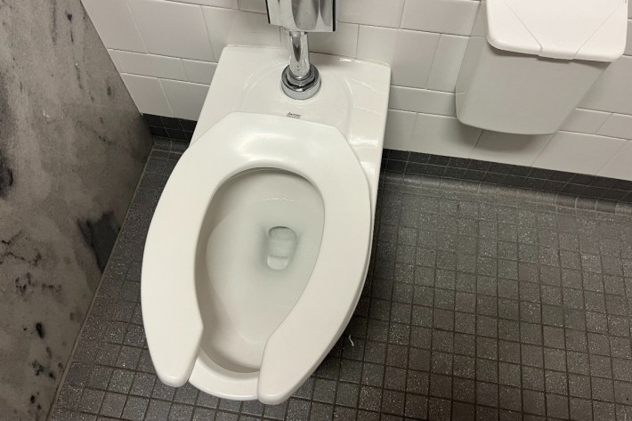 A pristine white toilet in the second floor women's bathroom in New York's state capitol building.