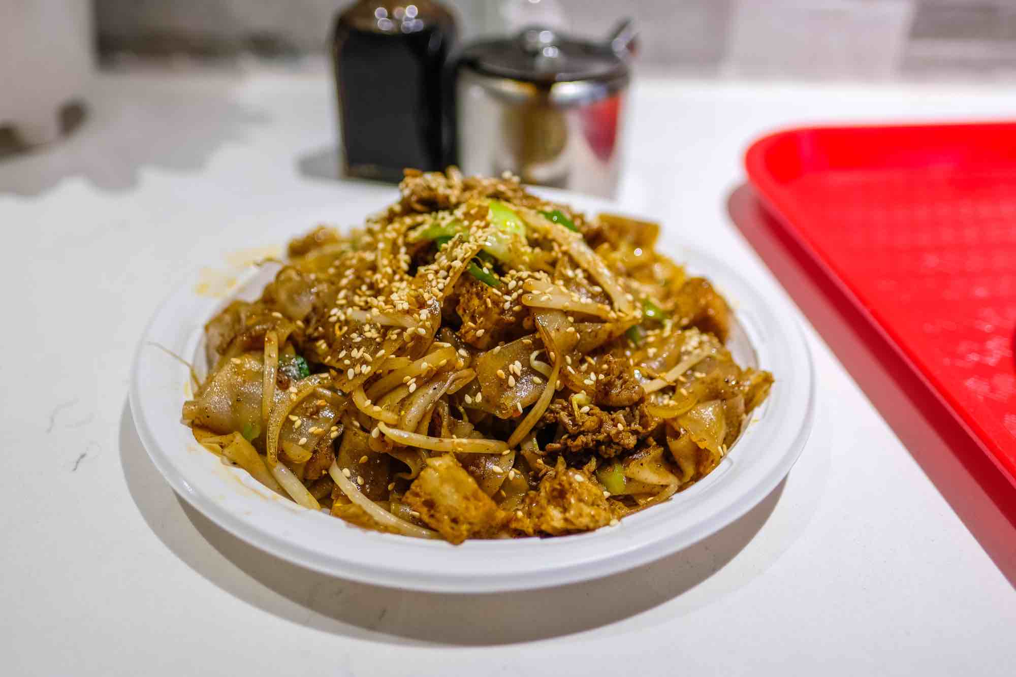 Stir fried processed noodle with black pepper beef, $12.99