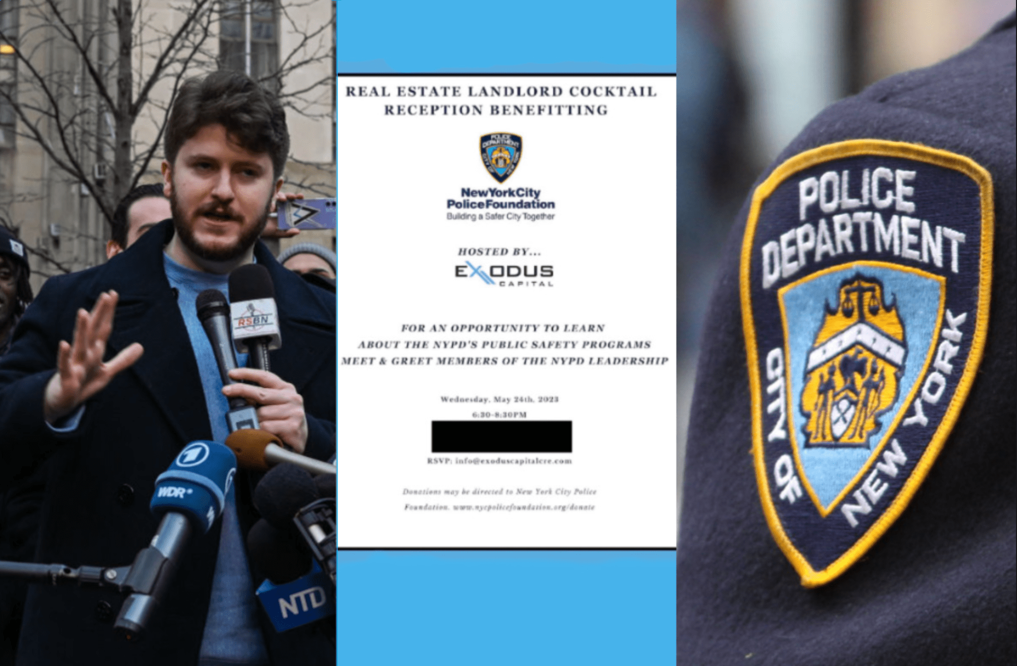 photo illustration with Gavin Wax, the invitation, and an NYPD insignia.