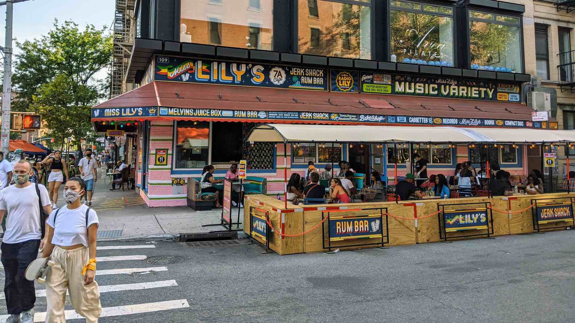 Outdoor dining structures at Miss Lily's in the East Village.