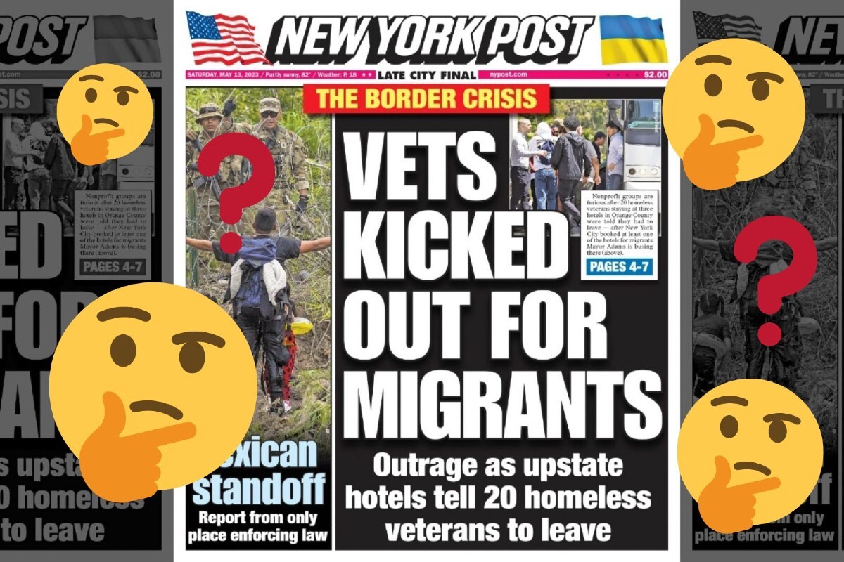 Emojis and question marks over a cover of the New York Post which features the headline, "VETS KICKED OUT FOR MIGRANTS."