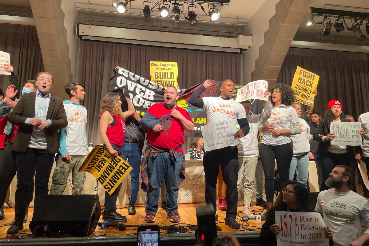 City Council members Chi Osse, Alexa Aviles, Sandy Nurse, Shahana Hanif, and Tiffany Caban and tenant organizers disrupt the Rent Guidelines Board 2023 preliminary vote.