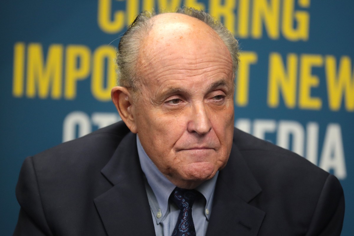 Former Mayor Rudy Giuliani speaking with the media at the 2019 Student Action Summit hosted by Turning Point USA at the Palm Beach County Convention Center in West Palm Beach, Florida.