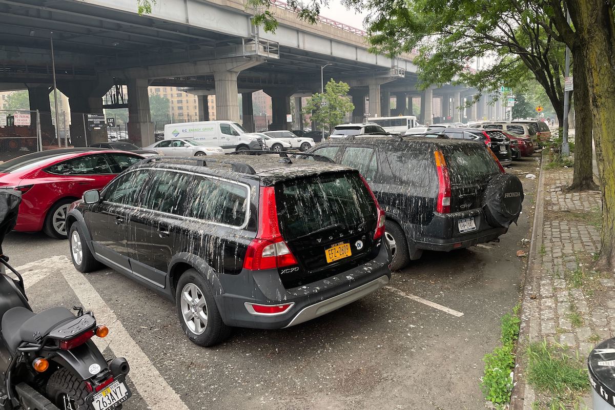 Two cars parked in NYC that are covered in quite a lot of bird poop.