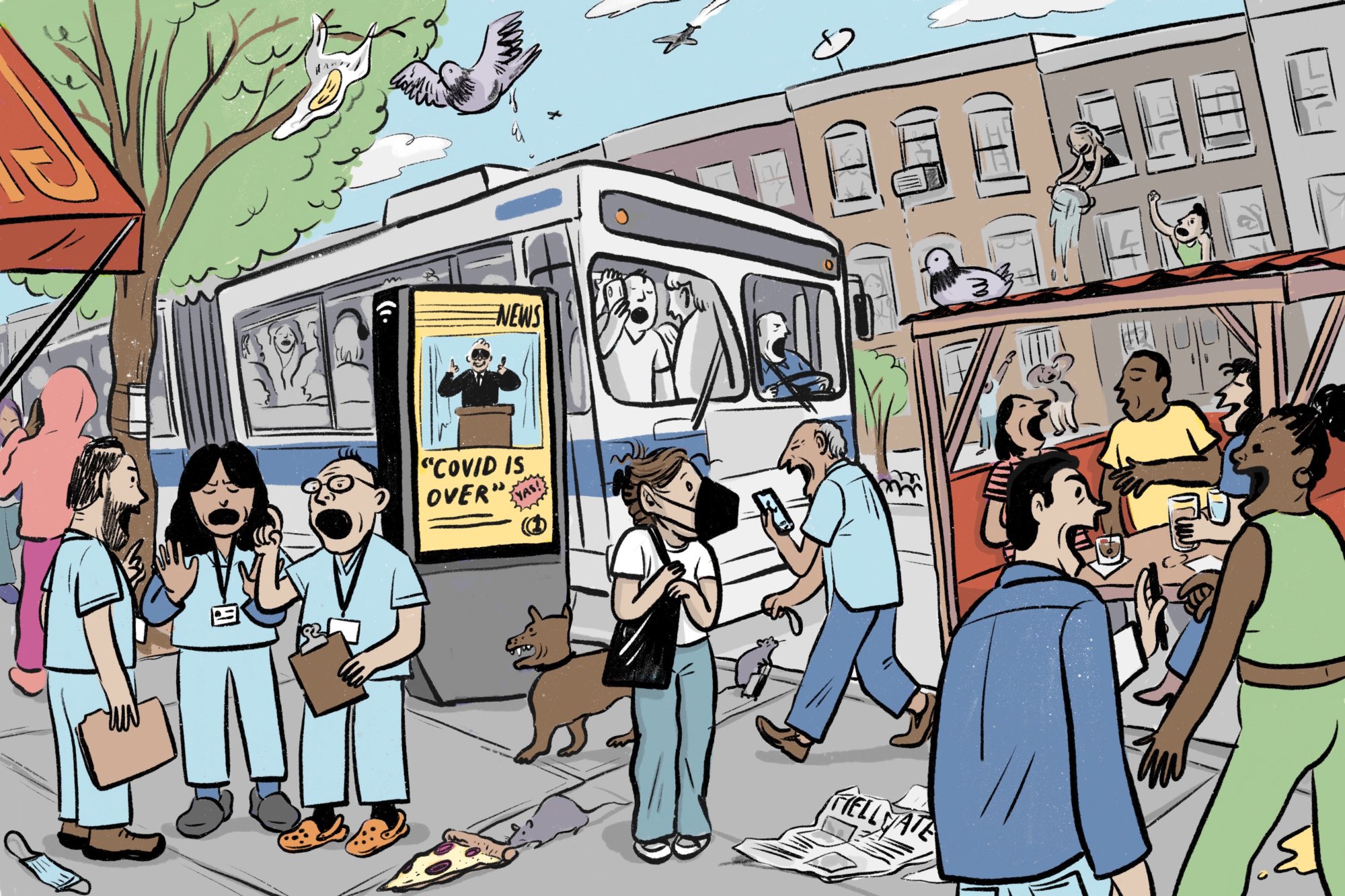 A person wearing a mask with long COVID navigates a chaotic NYC street scene.