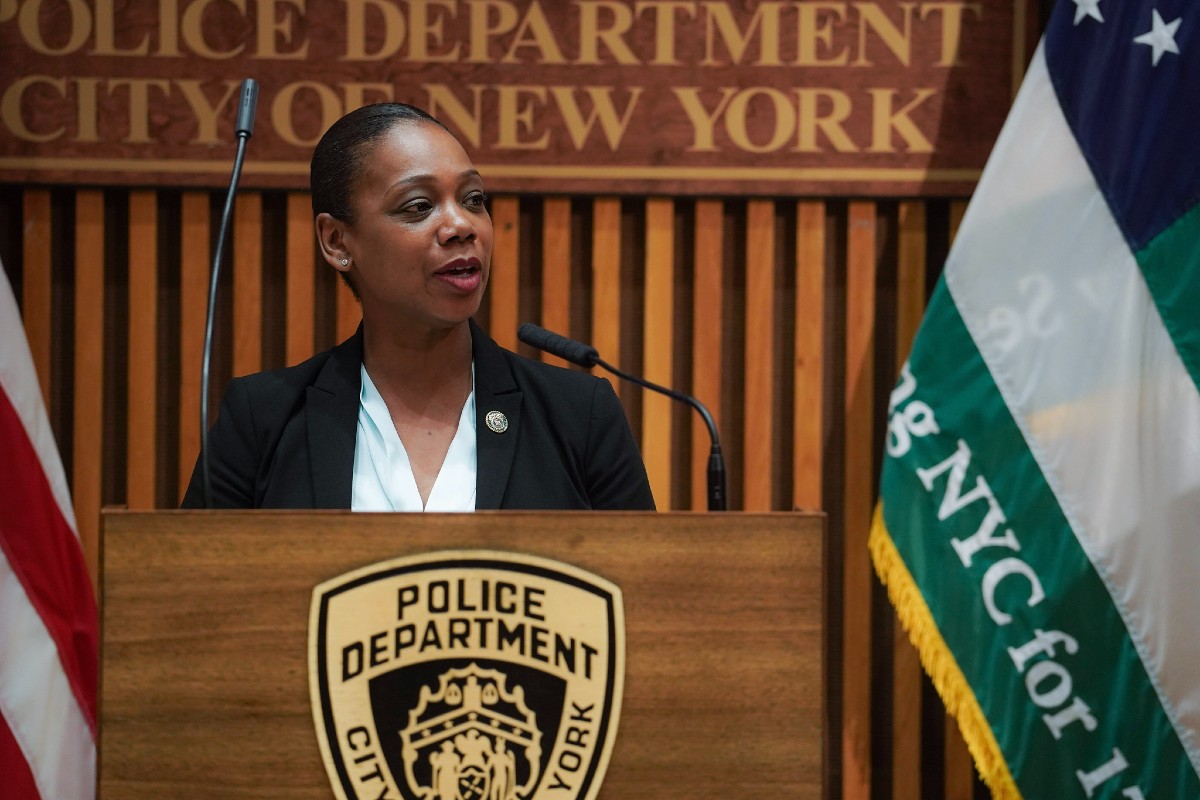 Police Commissioner Keechant Sewell at Police Headquarters on Wednesday, Apr. 20, 2022 to present citations to law enforcement and civilians who aided in the capture of Frank James, who allegedly shot several people aboard an N train at the 36 St station in Brooklyn last week.