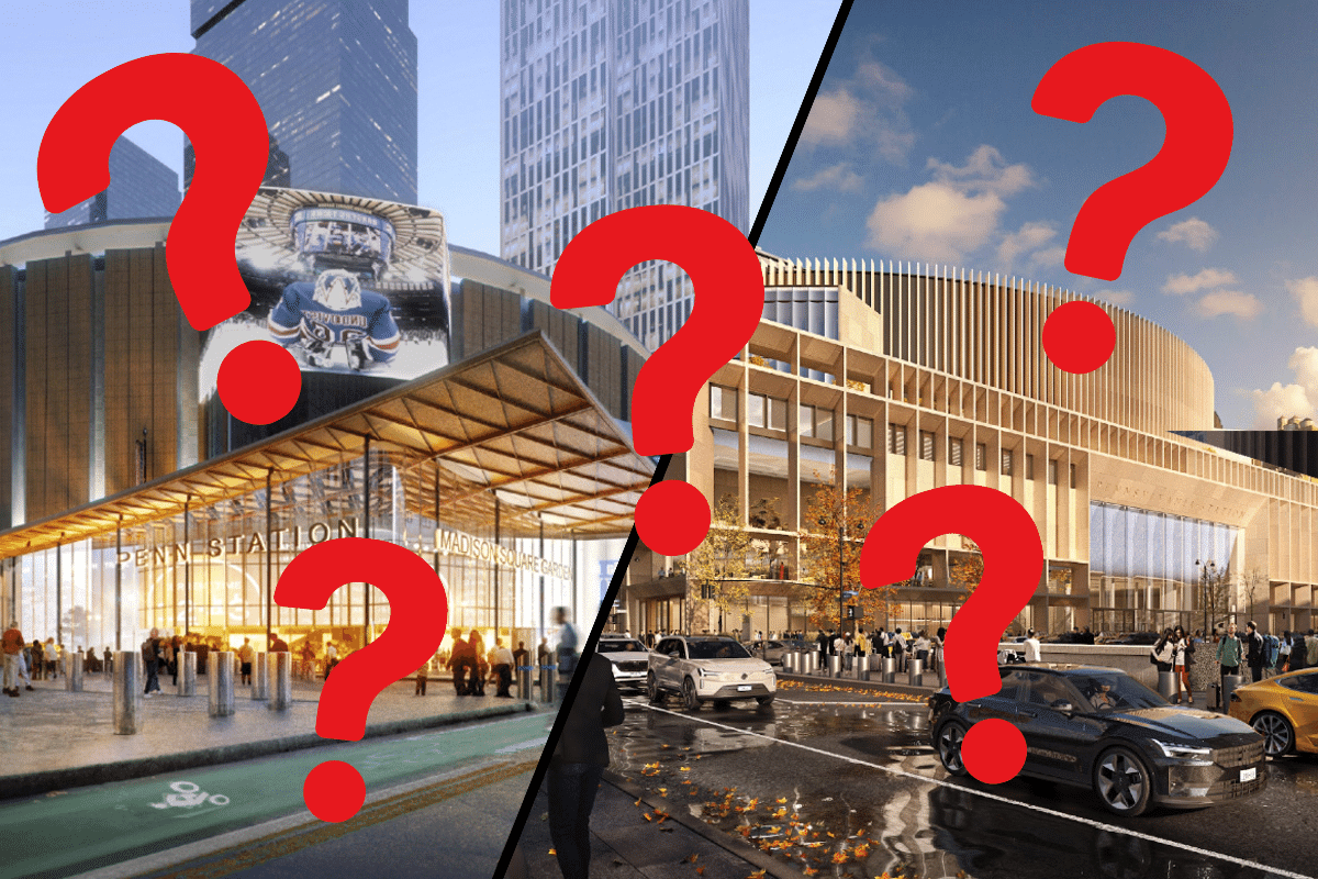 Two different plans for Penn Station and MSG, with red question marks superimposed over both.