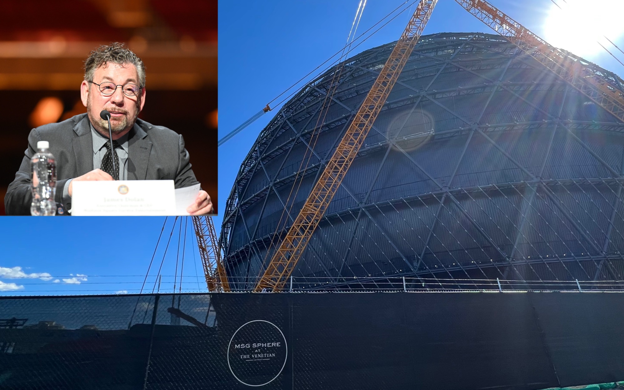 A photo of James Dolan inset into a photo of the Sphere under construction.