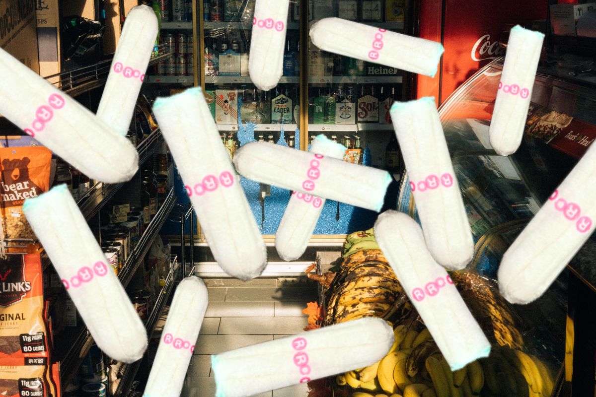 A bunch of individually wrapped tampons superimposed over a photo of the interior of a bodega.