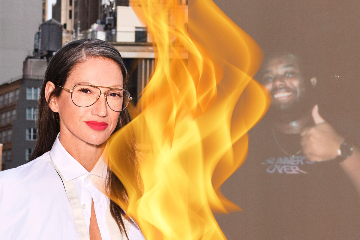 RHONY cast member Jenna Lyons, in wire-rimmed glasses and red lipstick, on the left, and Adlan Jackson on the right, with a wall of fire in between the two.