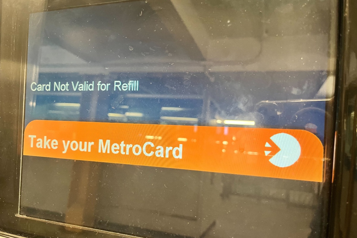 A MetroCard kiosk screen with the message, "Card not valid for refill."