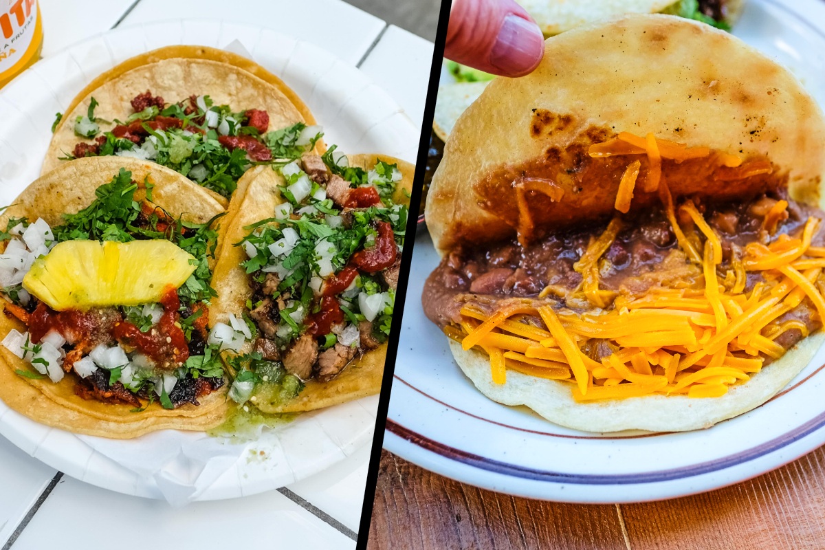 A plate of tacos next to a beach and cheese taco.