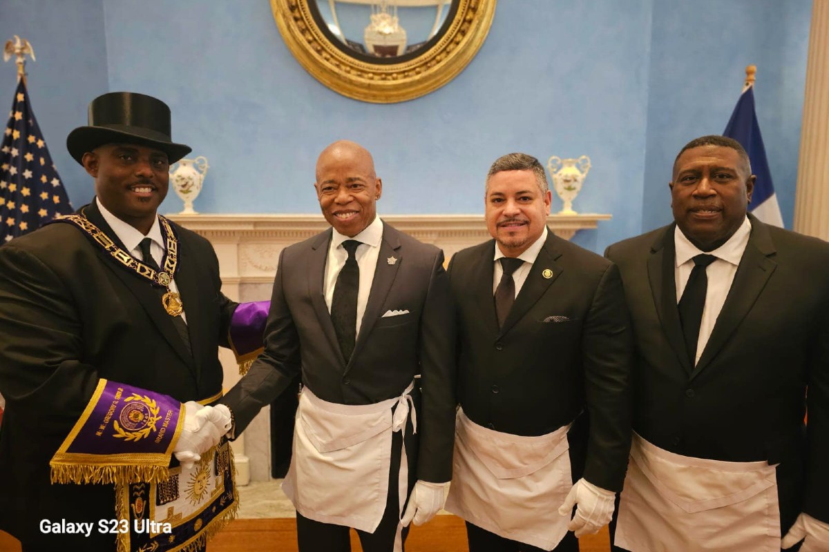 Prince Hall Grand Lodge State of New York Grand Master Gregory Robeson Smith, Jr. inducts Mayor Eric Adams, NYPD Commissioner Edward Caban, and NYPD Chief of the Department Jeffrey Maddrey into the Freemasons in a Gracie Mansion ceremony.