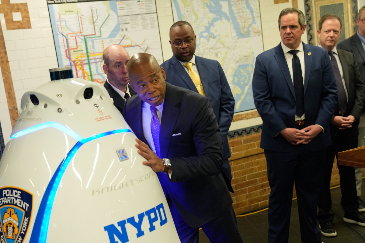 Mayor Eric Adams makes a public safety-related announcement introducing the NYPD robot called K5 at the Times Square subway station on Friday, September, 22, 2023.