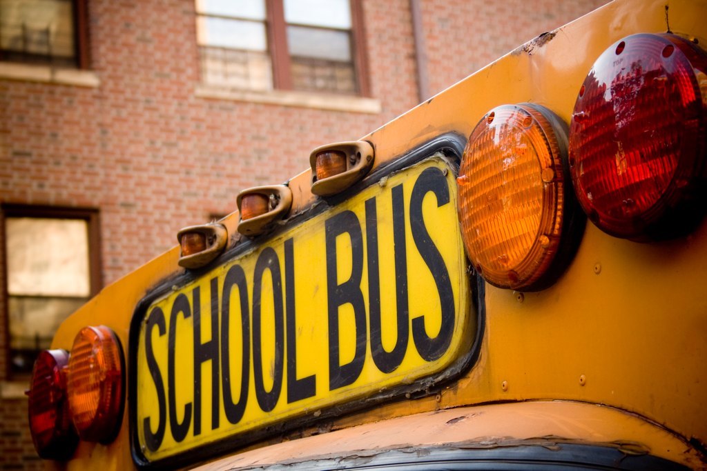 The top of a school bus that is marked "School bus."
