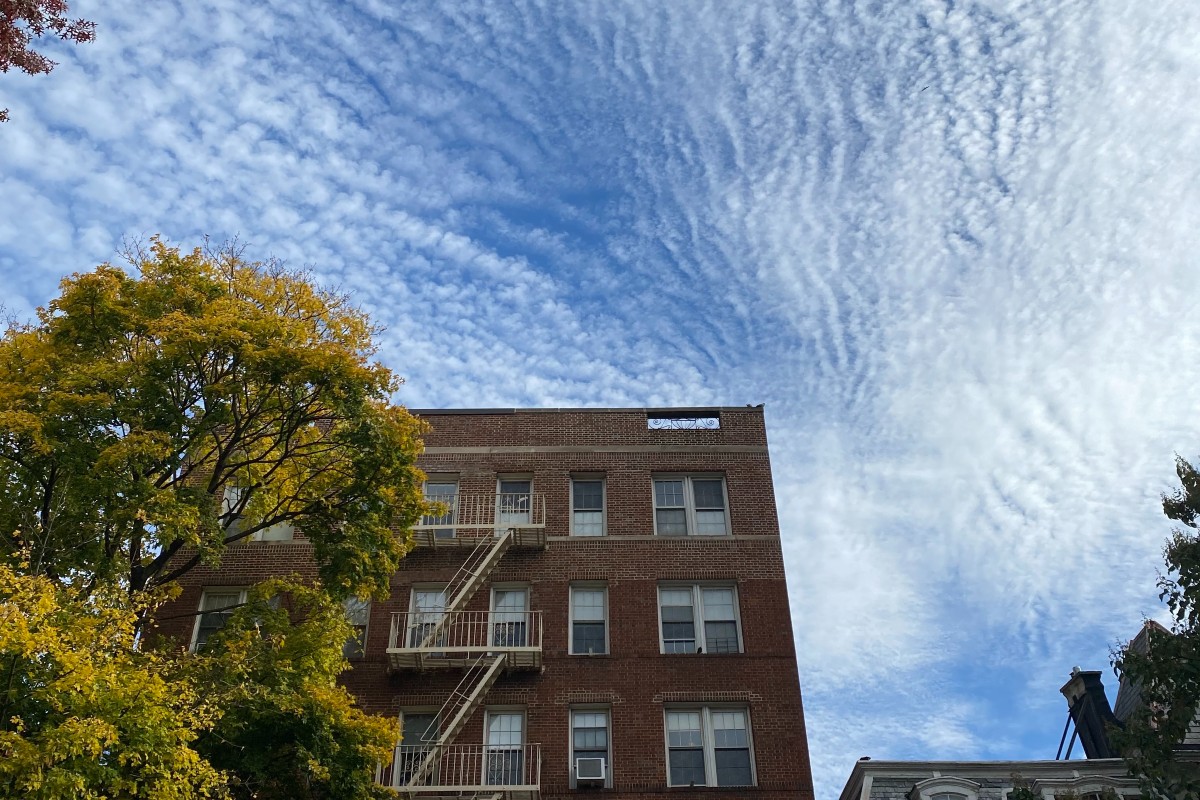 Blue sky above a Brooklyn apartment building.