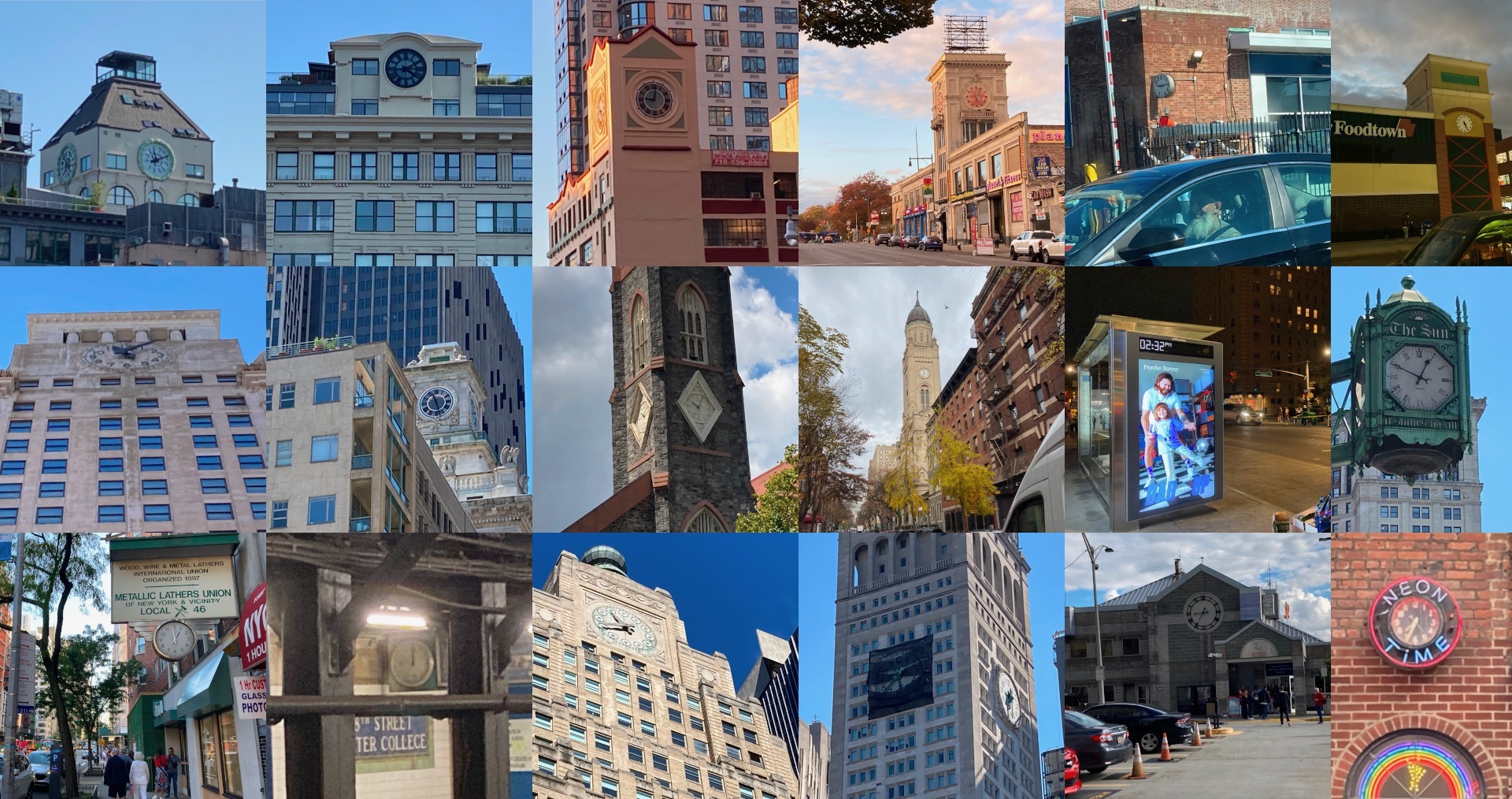 A collage of broken clocks in NYC.