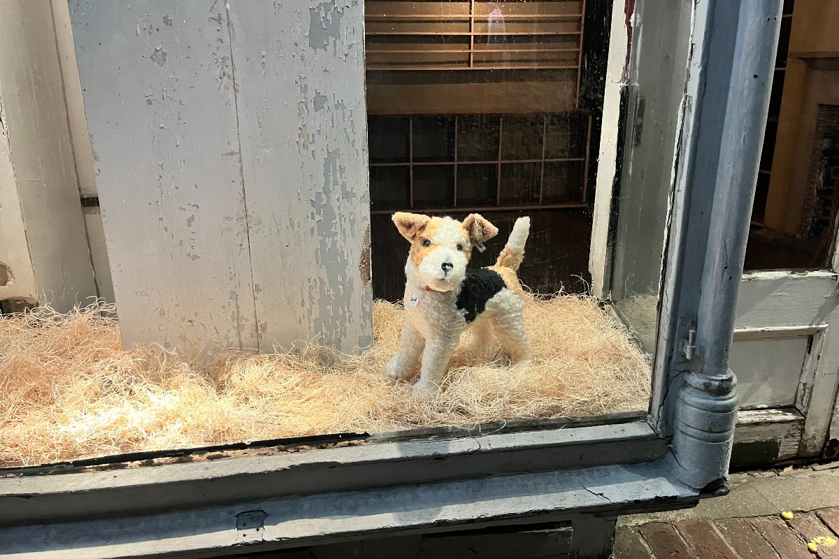 A stuffed dog in a storefront display.