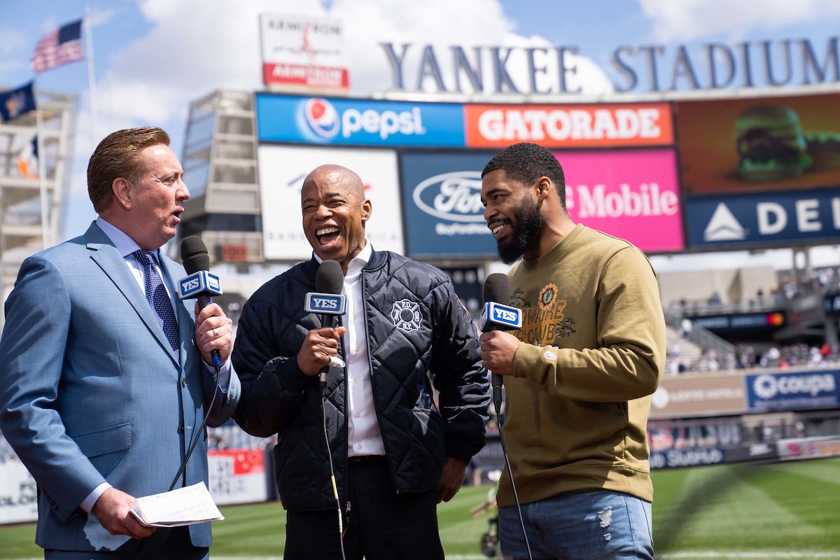 Mayor Eric Adams attends Opening Day for the New York Yankees and is interviewed by YES with his son Jordan, at Yankee Stadium, Bronx. Friday, April 08, 2022.