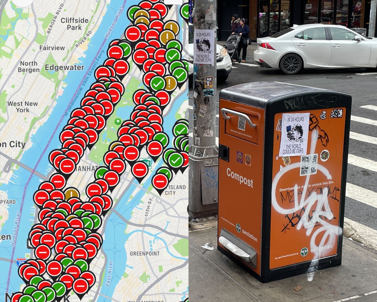 A screenshot of the NYC Compost app of filled bins, next to a photo of a compost Smart Bin.