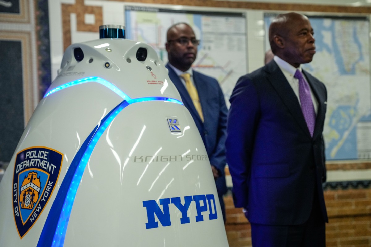 Mayor Eric Adams makes a public safety-related announcement introducing the NYPD robot called K5 at the Times Square subway station on Friday, September, 22, 2023.
