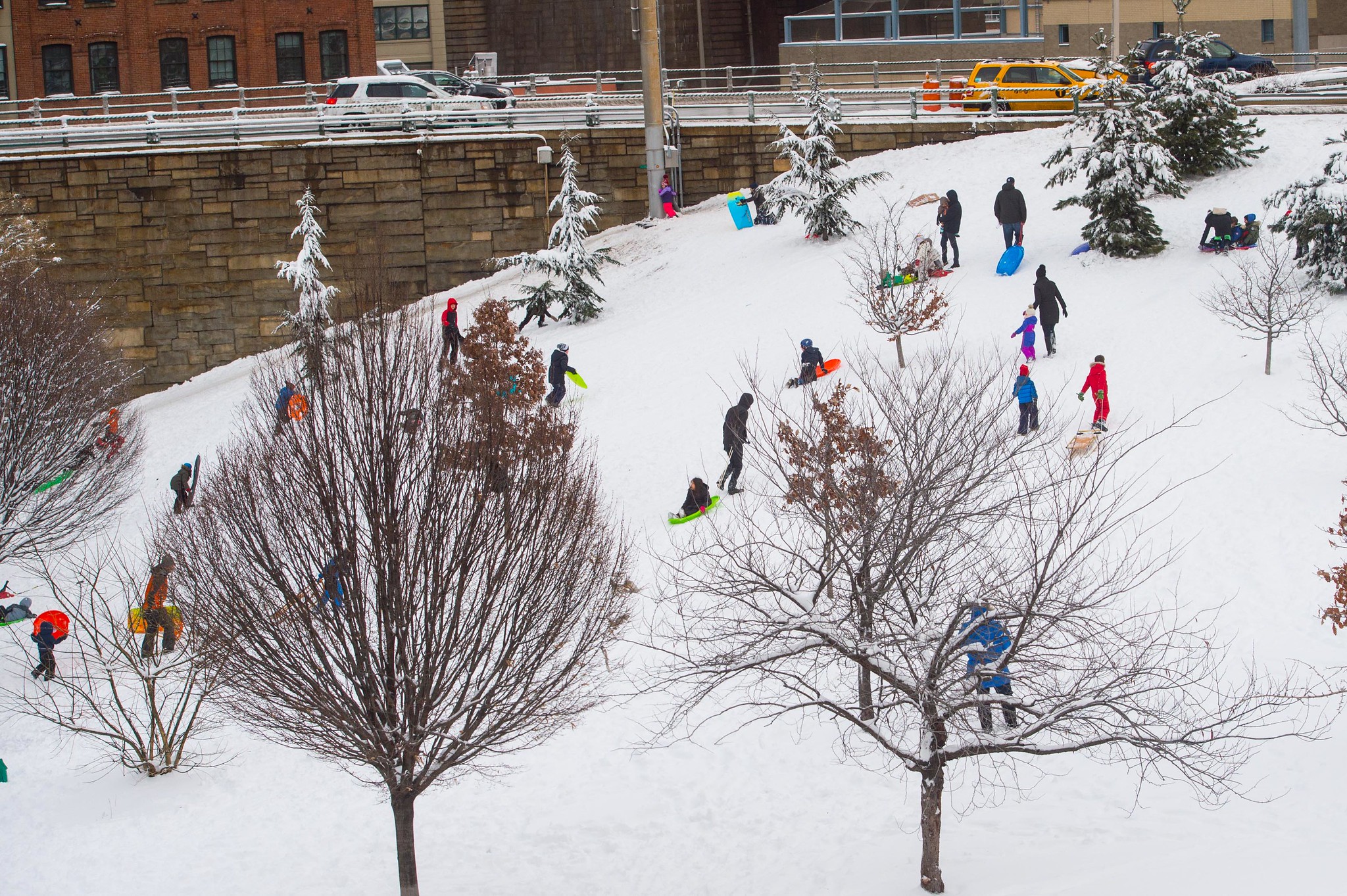 Children sled on a hill in Brooklyn in 2017.