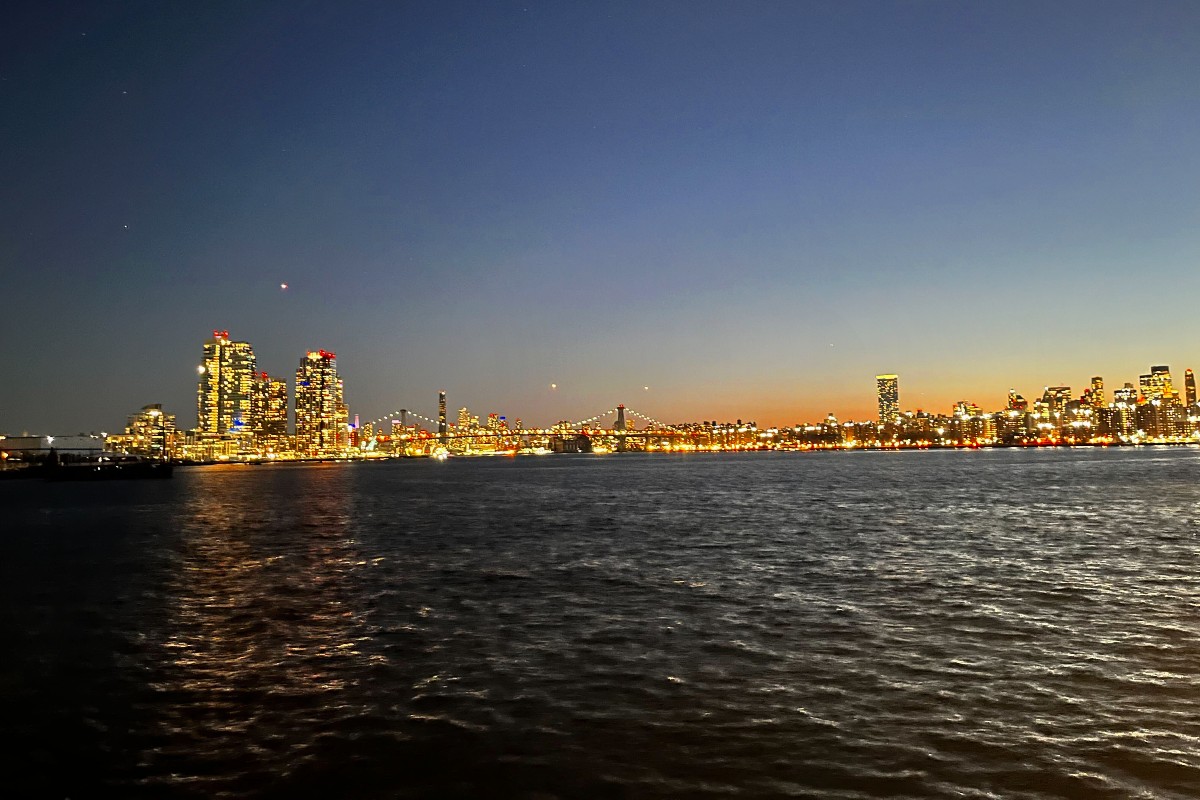 The New York City skyline at night.